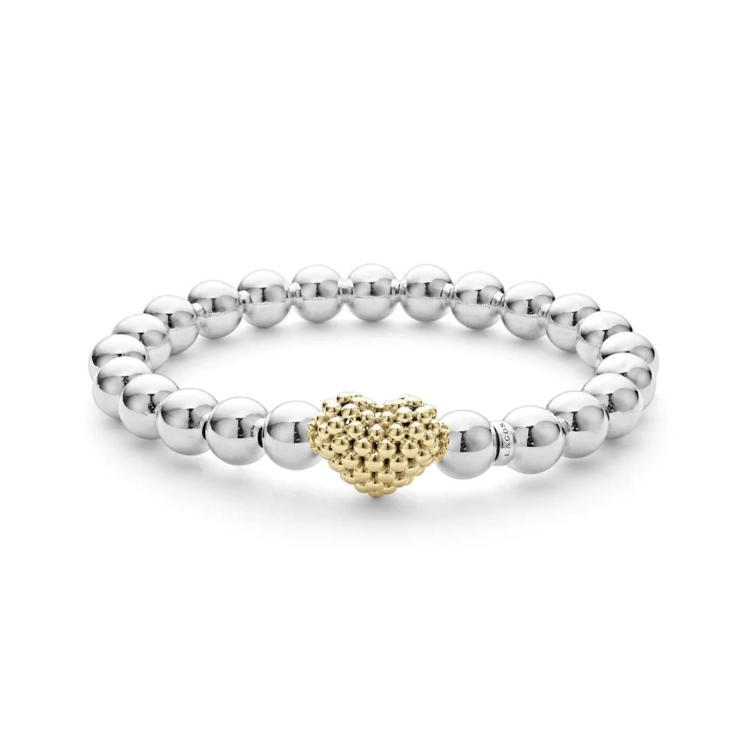 Lagos Signature Caviar Stretch Gold Heart Bead Bracelet