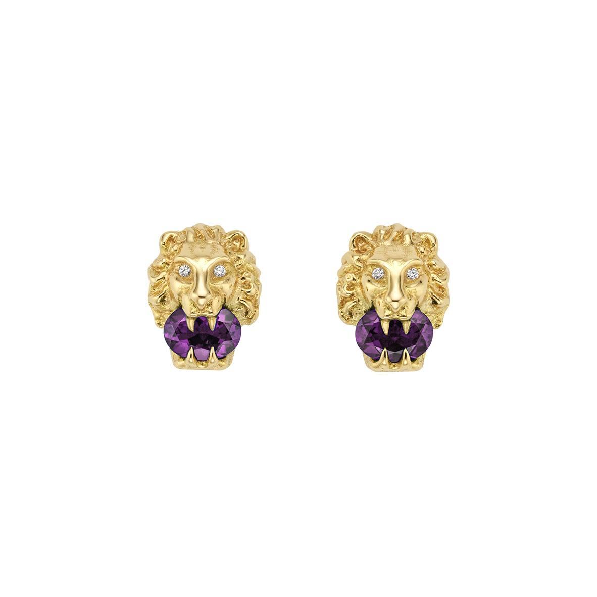 Gucci Yellow Gold, Amethyst & Diamond Lion Head Stud Earrings