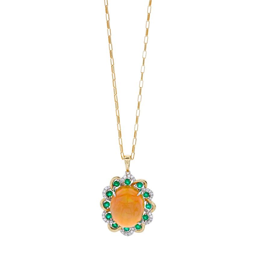 Opal, Emerald & Diamond Halo Pendant Necklace