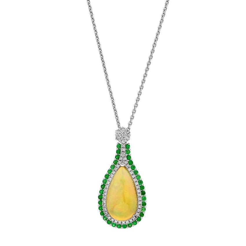 White Gold Pear Shaped Opal, Tsavorite & Diamond Pendant Necklace