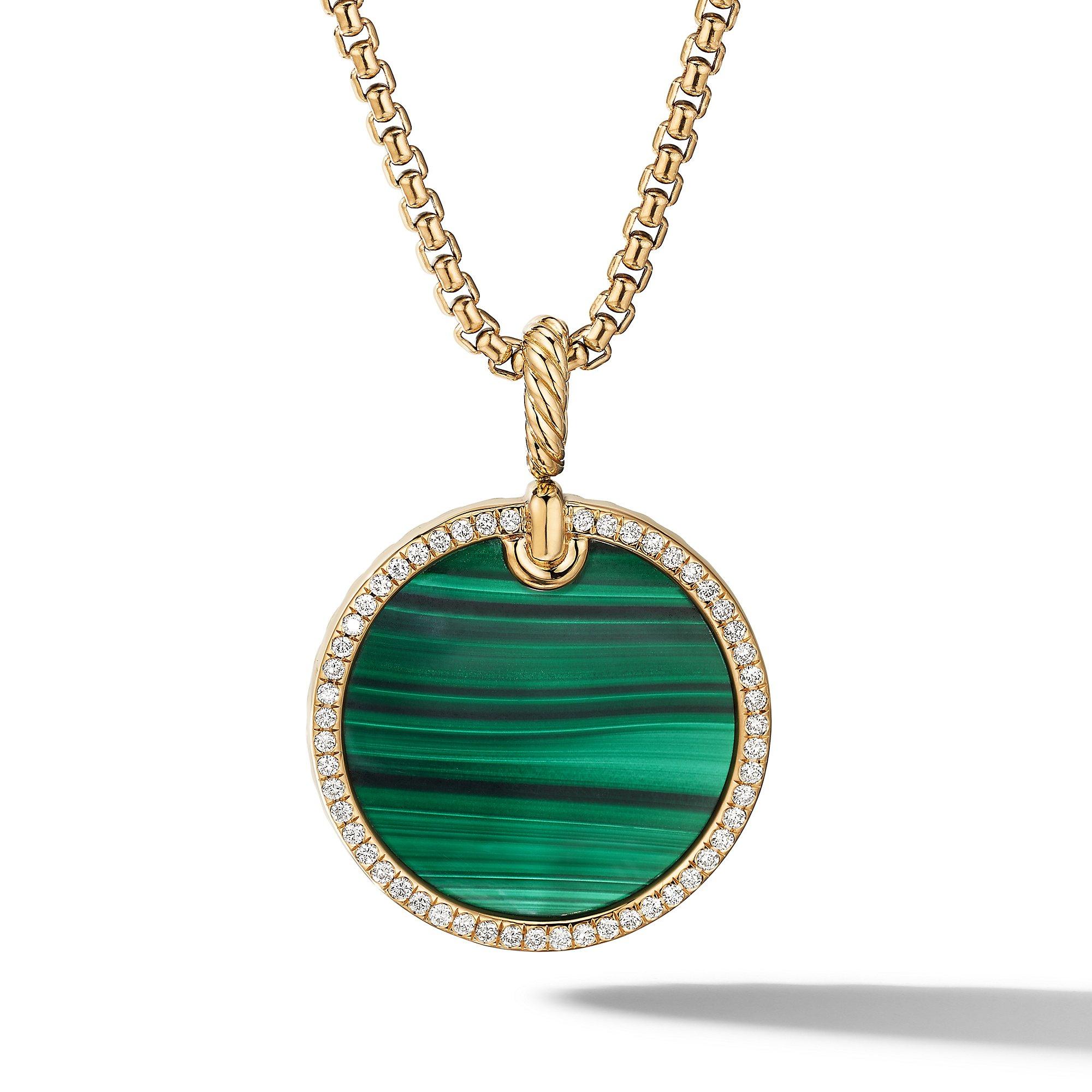 David Yurman Elements Disc Pendant in 18K Yellow Gold with Malachite and Pave Diamond Rim | Front View
