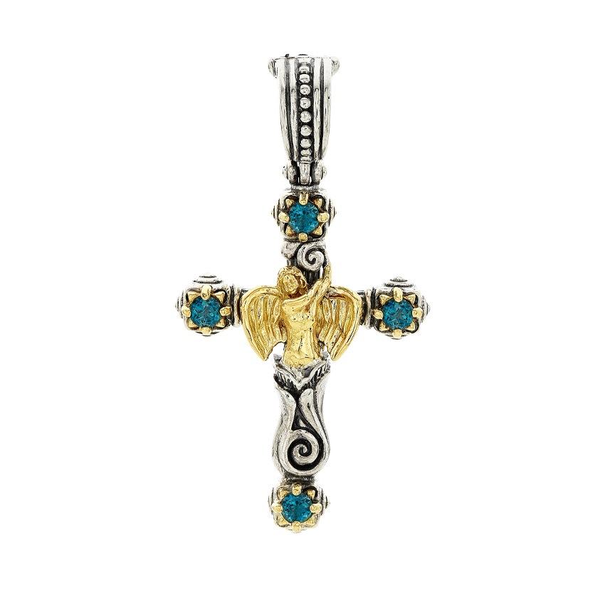 Konstantino Sterling Silver, Yellow Gold & London Blue Topaz Angel Accented Cross Pendant 