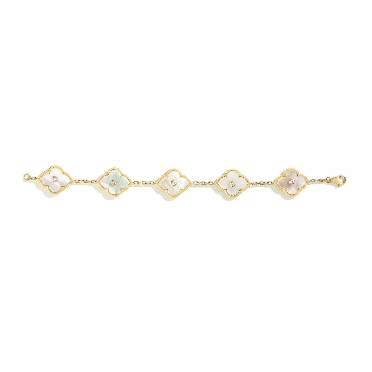 Yellow Gold Mother Of Pearl & Diamond Clover Station Bracelet