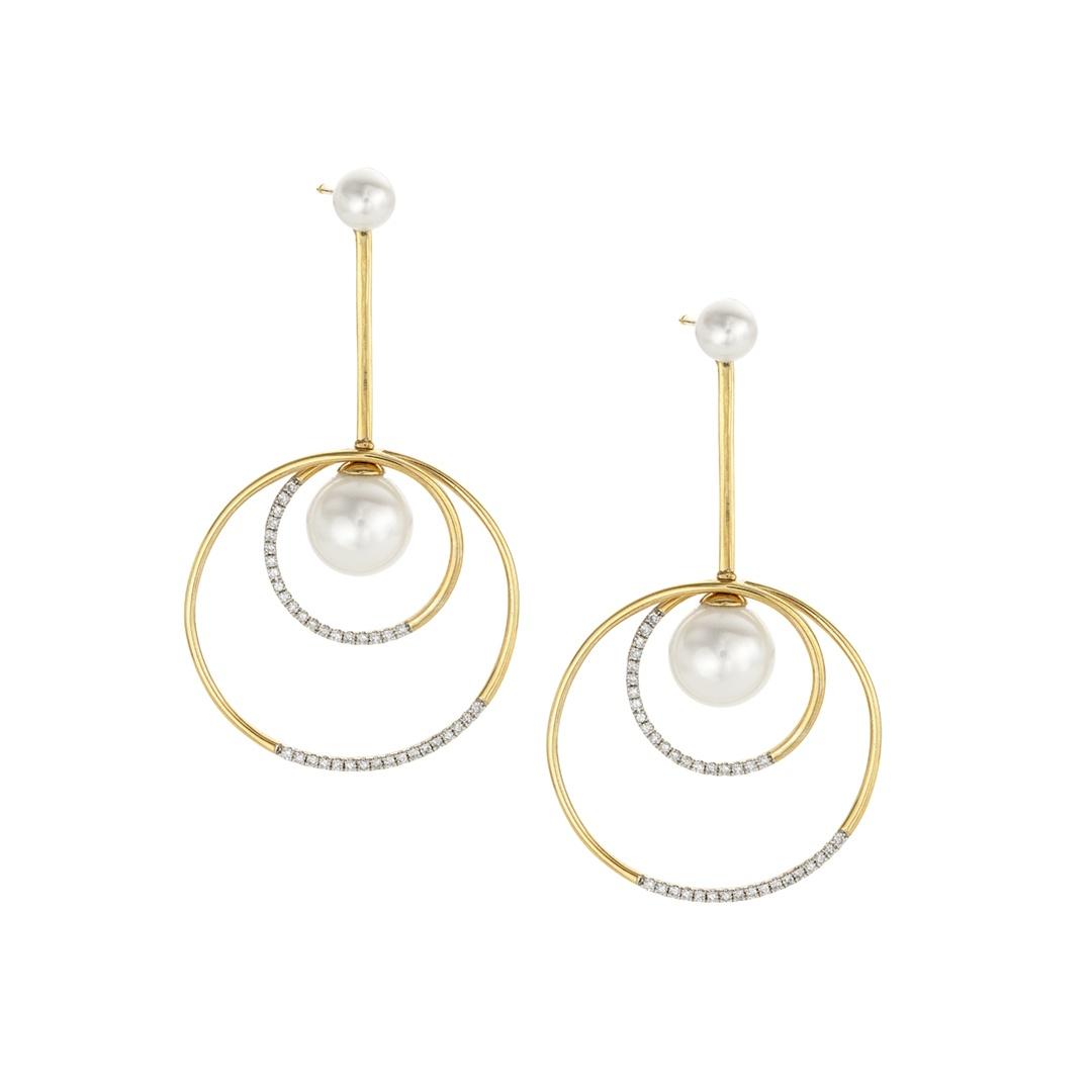 Yellow Gold, Pearl & Diamond Open Circle Drop Earrings