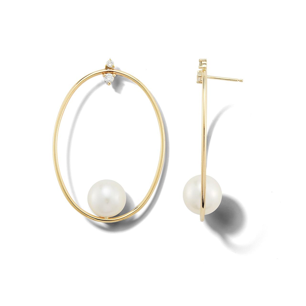 Mizuki Yellow Gold, White Pearl & Diamond Oval Drop Earrings