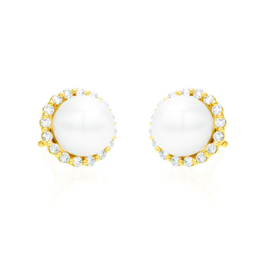 7mm Pearl and Diamond Halo Post Earrings in Yellow Gold