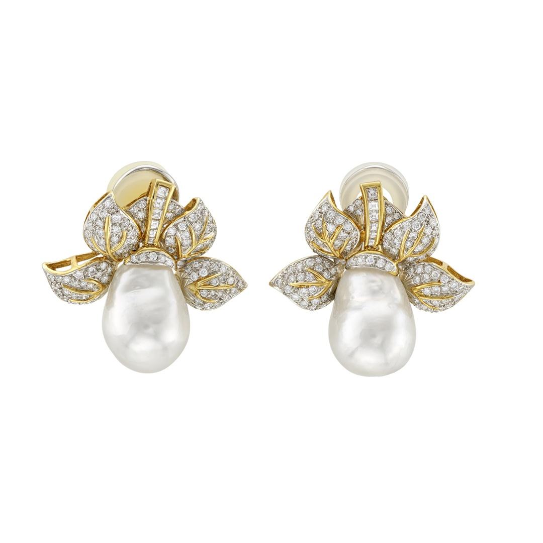 Estate Collection Baroque Pearl and Diamond Floral Earrings