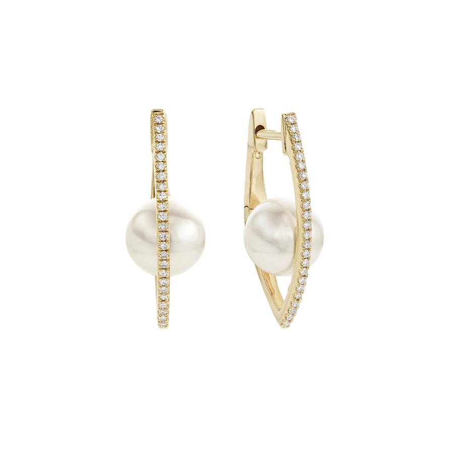 Floating Pearl V Hoop Earrings with Diamonds