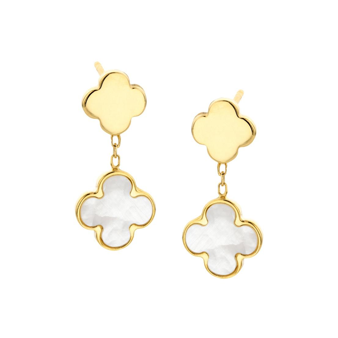 Yellow Gold & Mother Of Pearl Double Clover Drop Earrings