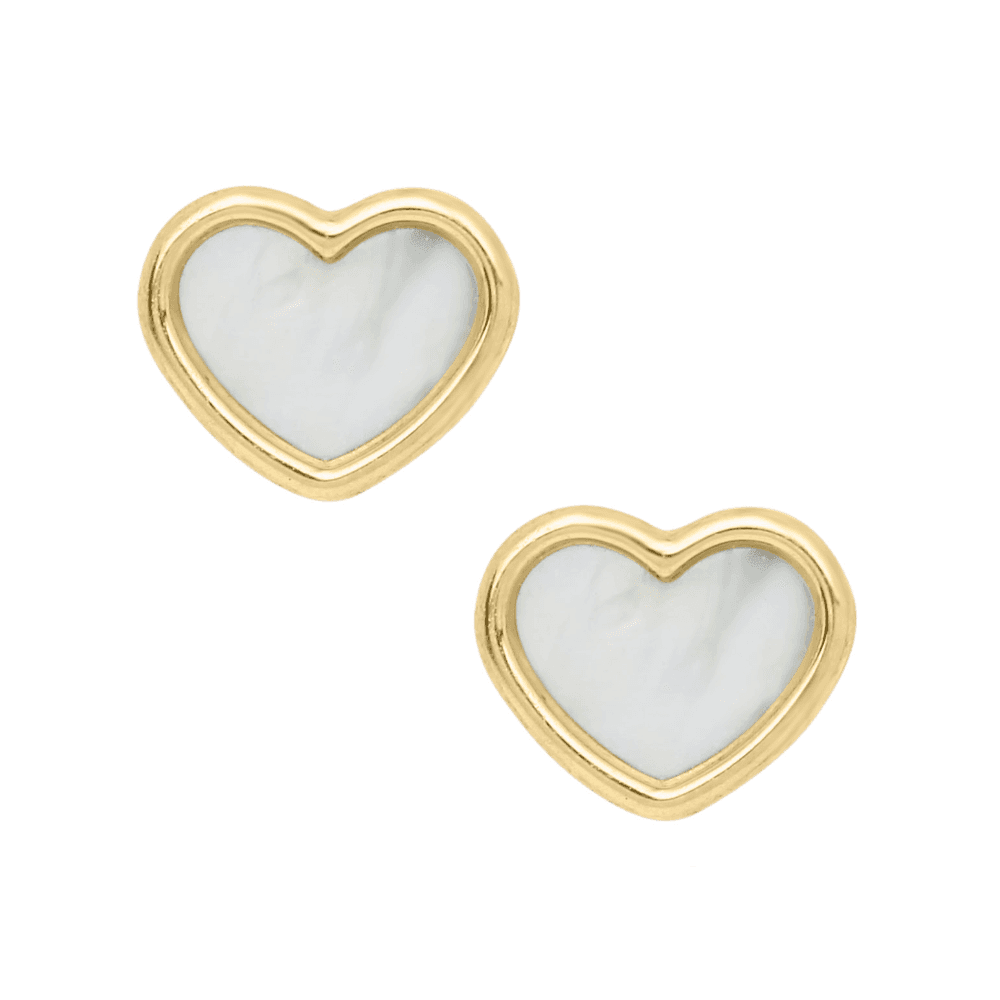 Child's Mother of Pearl Inset Heart Earrings in 14k Yellow Gold