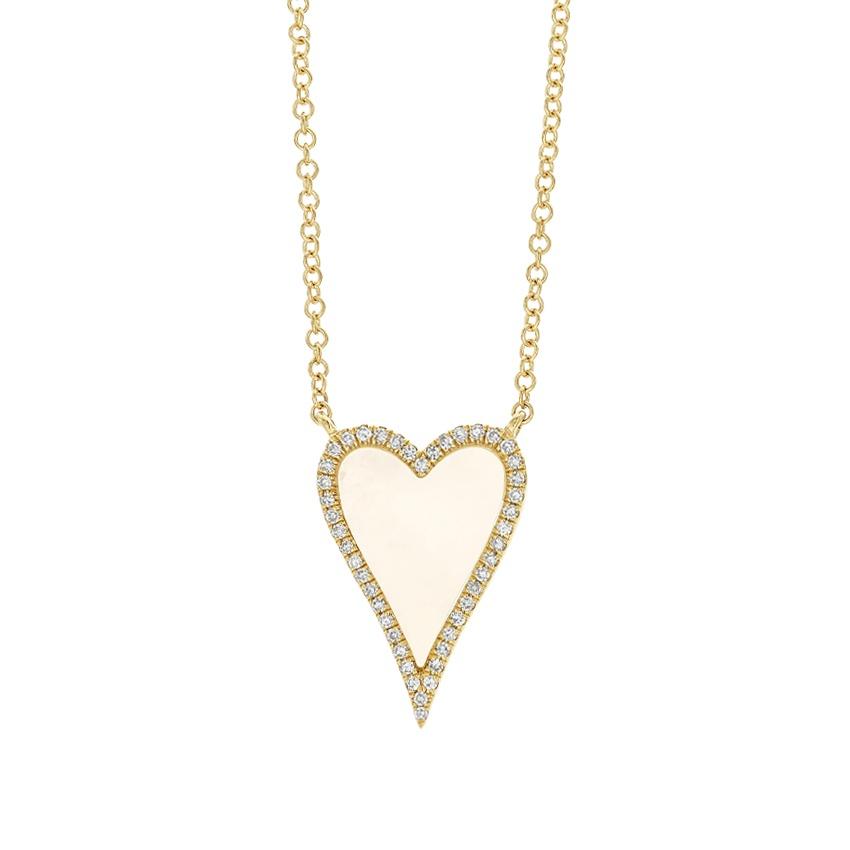 Yellow Gold & Mother Of Pearl Heart With Diamond Halo Pendant Necklace