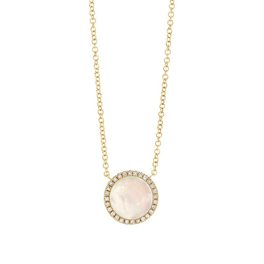 Yellow Gold Mother of Pearl & Diamond Circle Necklace | Front View