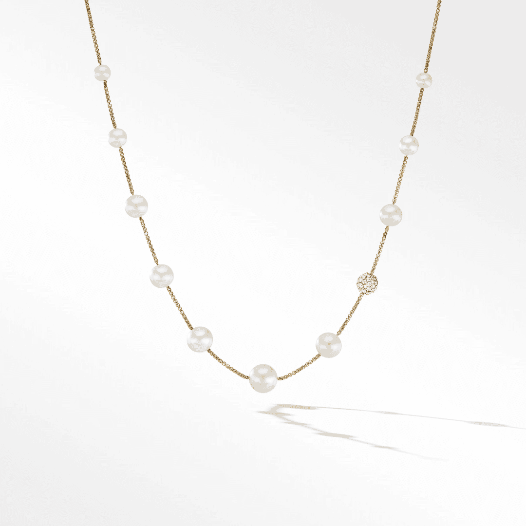 David Yurman Pearl and Pave Station Necklace in 18K Yellow Gold with Diamonds