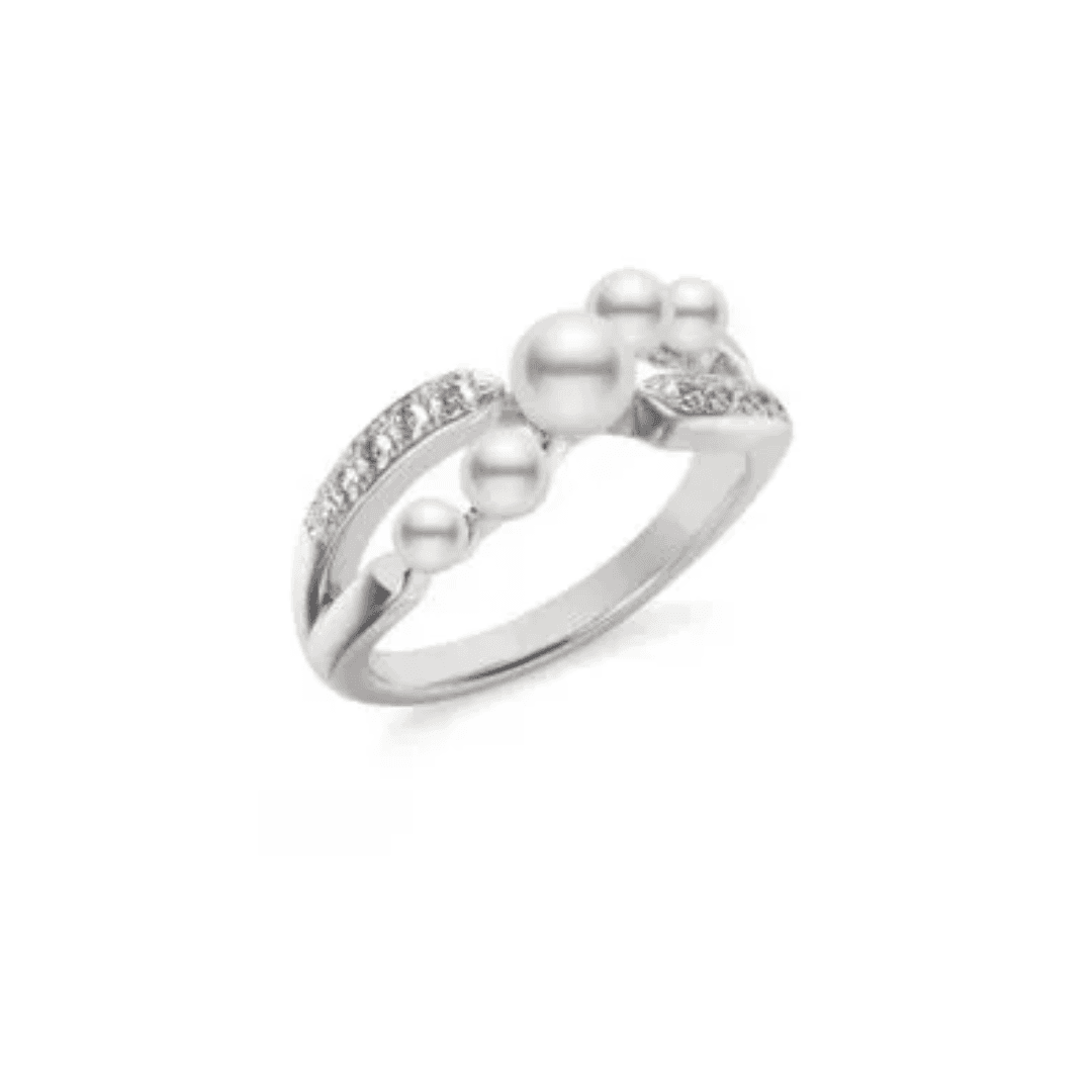 Mikimoto Graduated Akoya Cultured Pearl and Diamond Cluster Ring