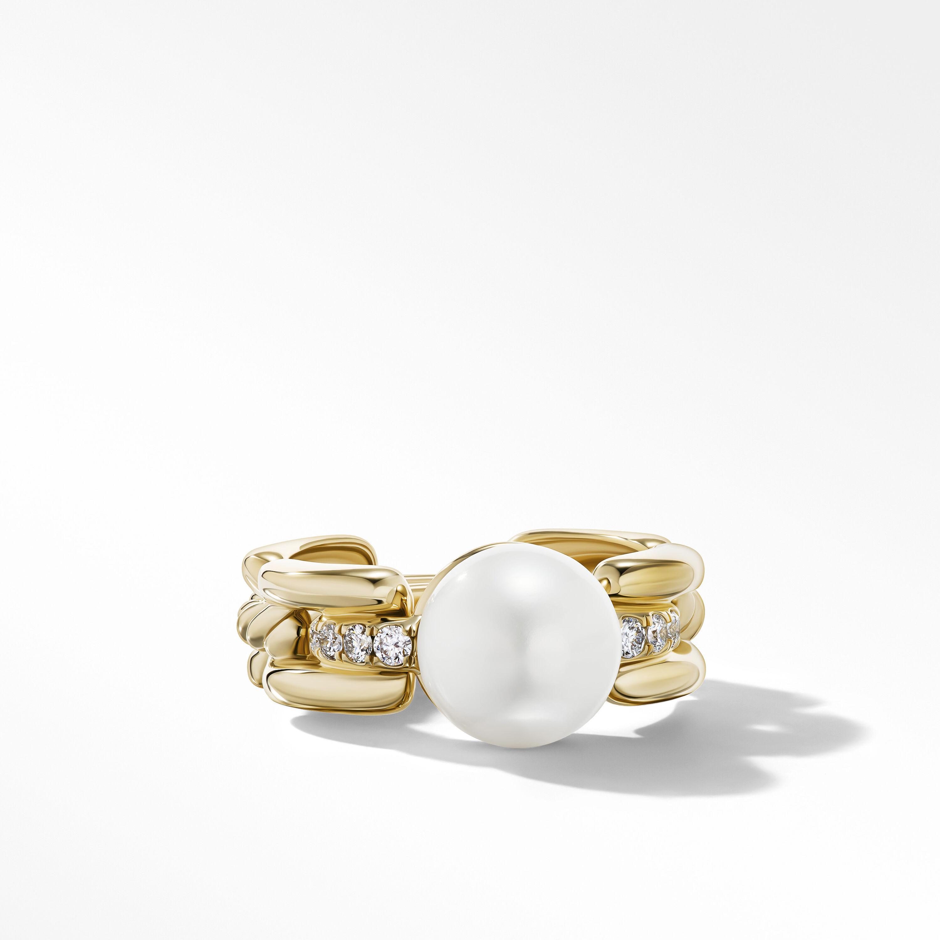 David Yurman DY Madison Pearl Ring in 18K Yellow Gold with Pave Diamonds