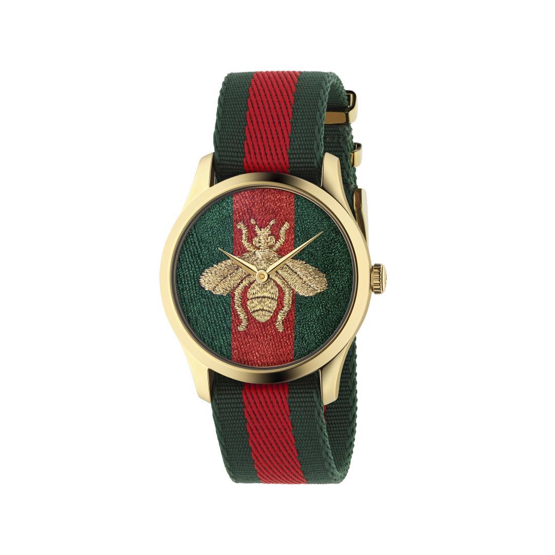 Gucci G-Timeless Gold Bee Dial with Signature Stripe Fabric Strap Watch, 38mm