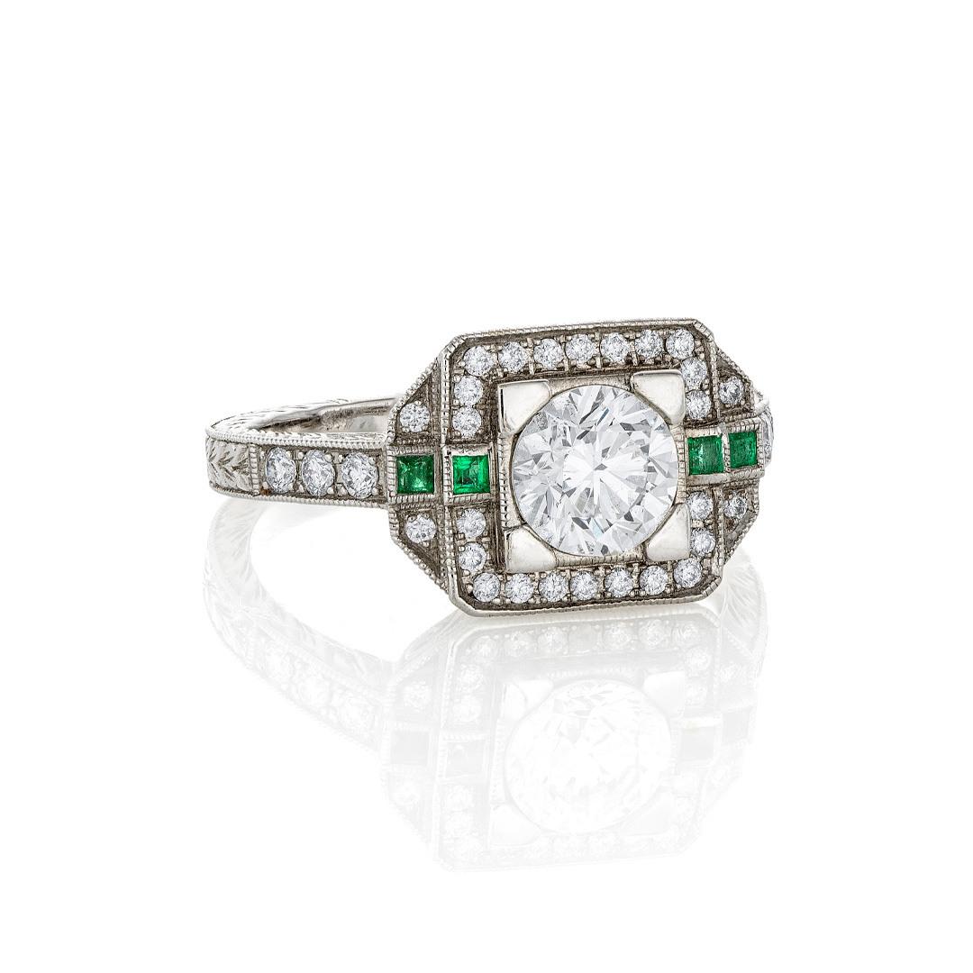 Antique Style Diamond & Emerald Engagement Ring 0