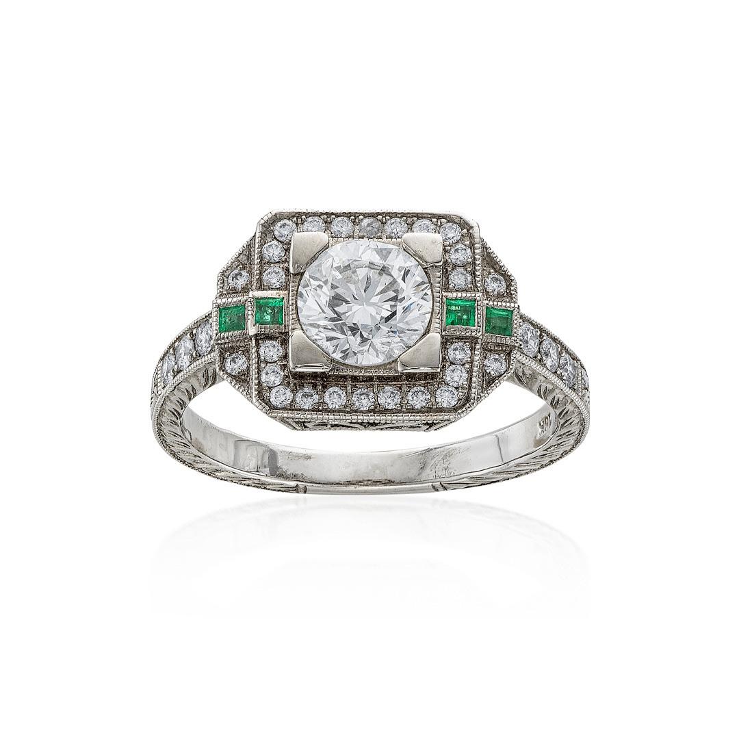 Antique Style Diamond & Emerald Engagement Ring 2