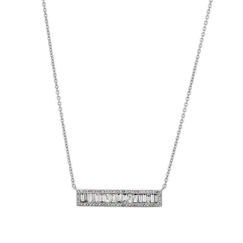 White Gold Baguette & Round Diamond Cluster Bar Pendant Necklace 0