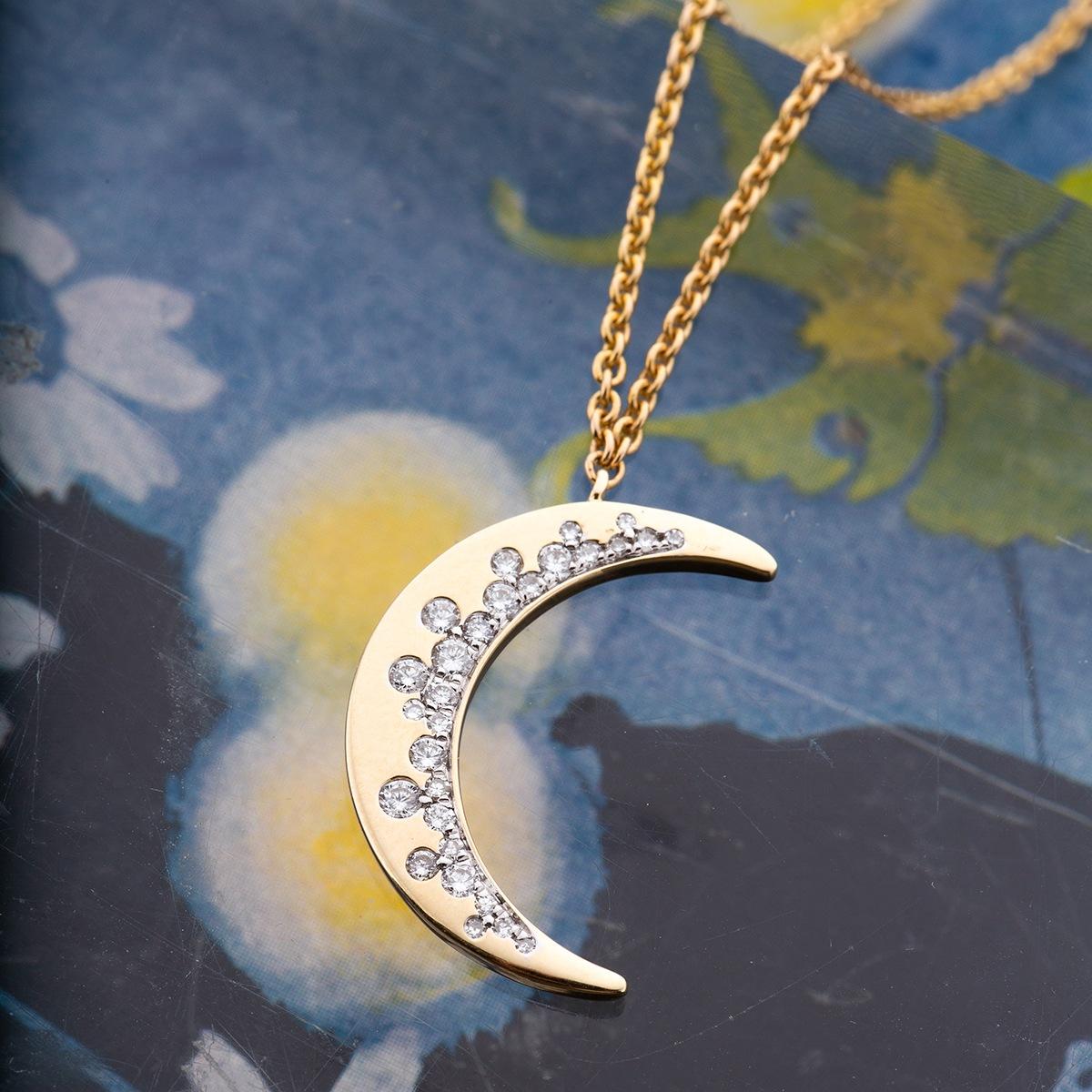 Yellow Gold & Diamond Crescent Moon Pendant Necklace 1