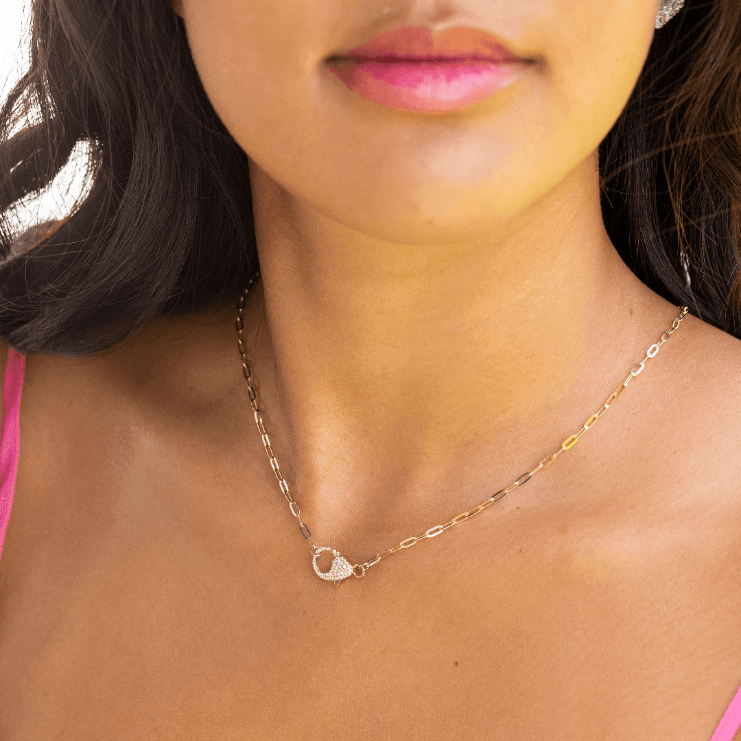 Pave Diamond Clasp Pendant Paperclip Necklace