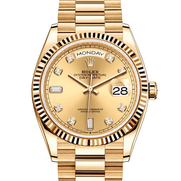 Rolex Day-Date 36, m128238-0008. Available at Lee Michaels Fine Jewelry