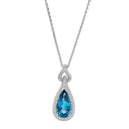 White Gold Pear Shaped Aquamarine & Diamond Halo Pendant Necklace 0