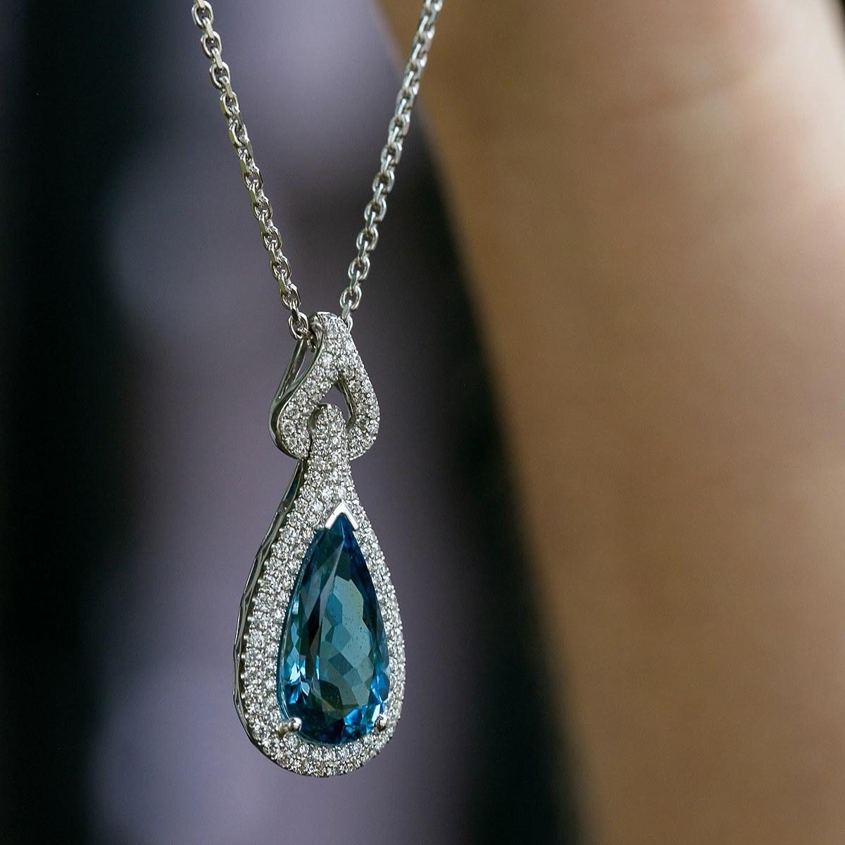 White Gold Pear Shaped Aquamarine & Diamond Halo Pendant Necklace 1