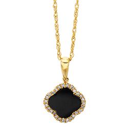 Yellow Gold Black Onyx & Diamond Halo Clover Pendant Necklace 0