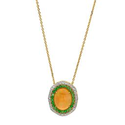White Gold Oval Opal, Diamond & Tsavorite Pendant Necklace 0
