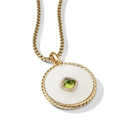 David Yurman DY Elements Disc Pendant in 18K Yellow Gold with Cacholong, Peridot and Pave Diamonds
