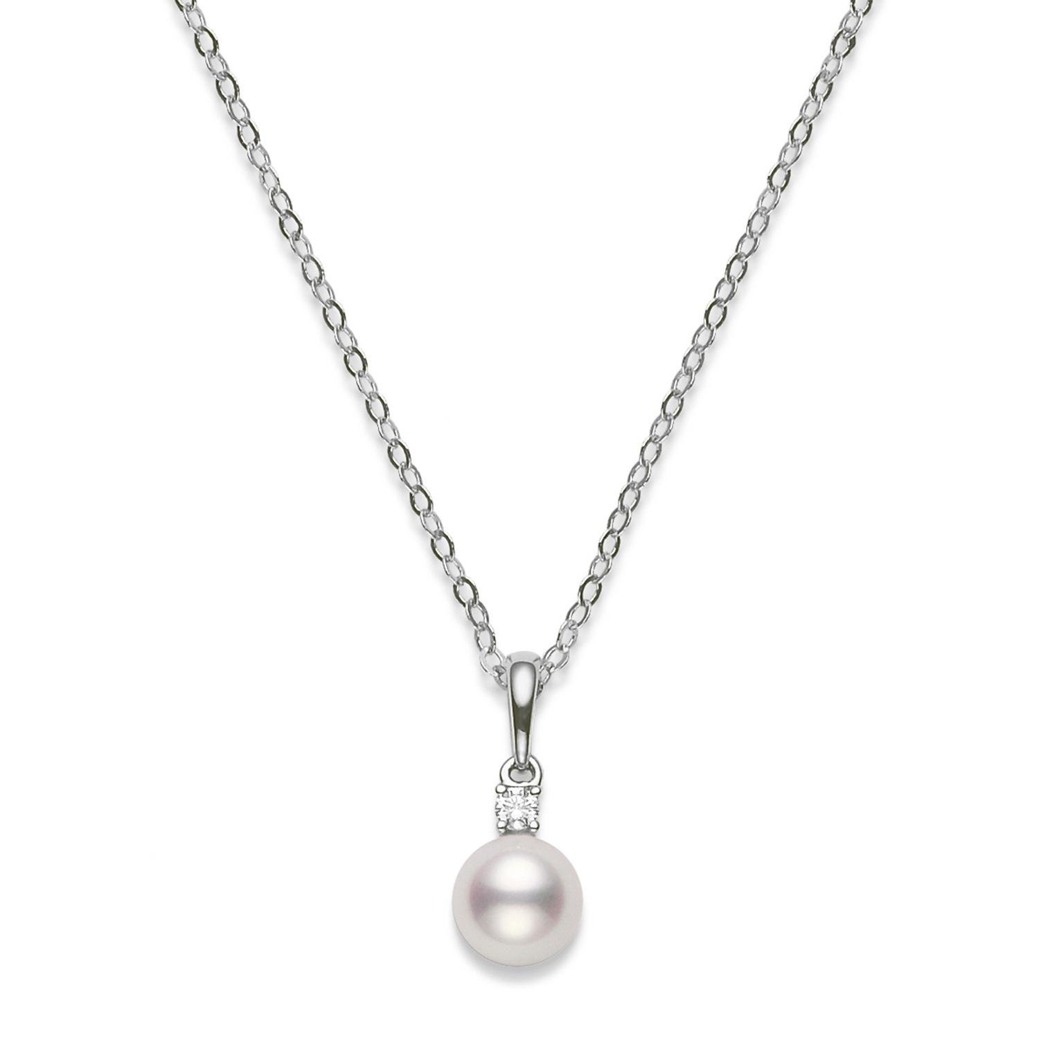Mikimoto 6.5-6mm "AA" White Pearl and Diamond Pendant Necklace 0