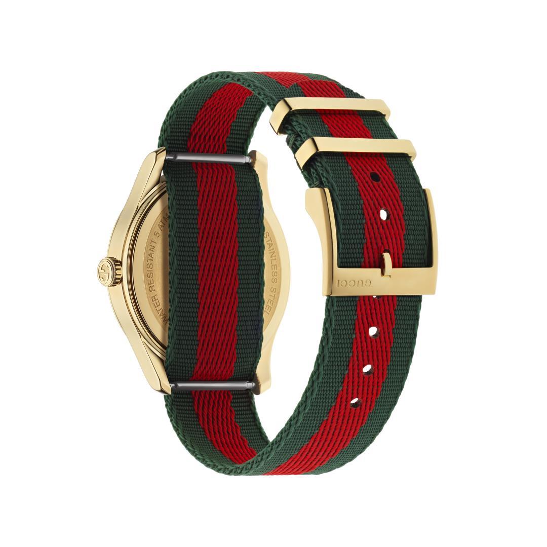 Gucci G-Timeless Gold Bee Dial with Signature Stripe Fabric Strap Watch, 38mm 1