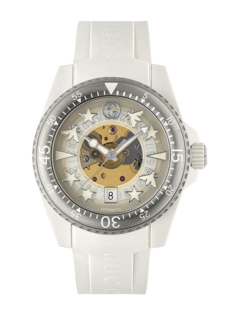 volwassene Stap dikte Gucci Transparent Dial White Dive Watch, 40mm | Lee Michaels Fine Jewelry